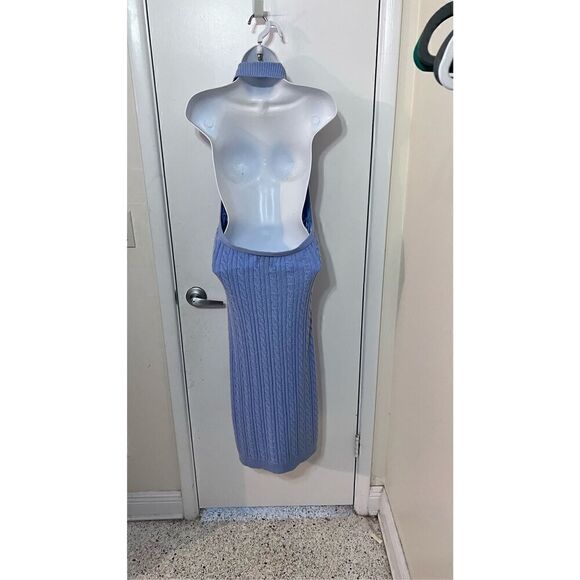 Pink Rose Aster Blue Maxi Halter Sweater Dress Size L New - Picture 4 of 10